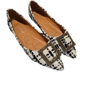 Chic Tweed Black and White Flats with Buckle